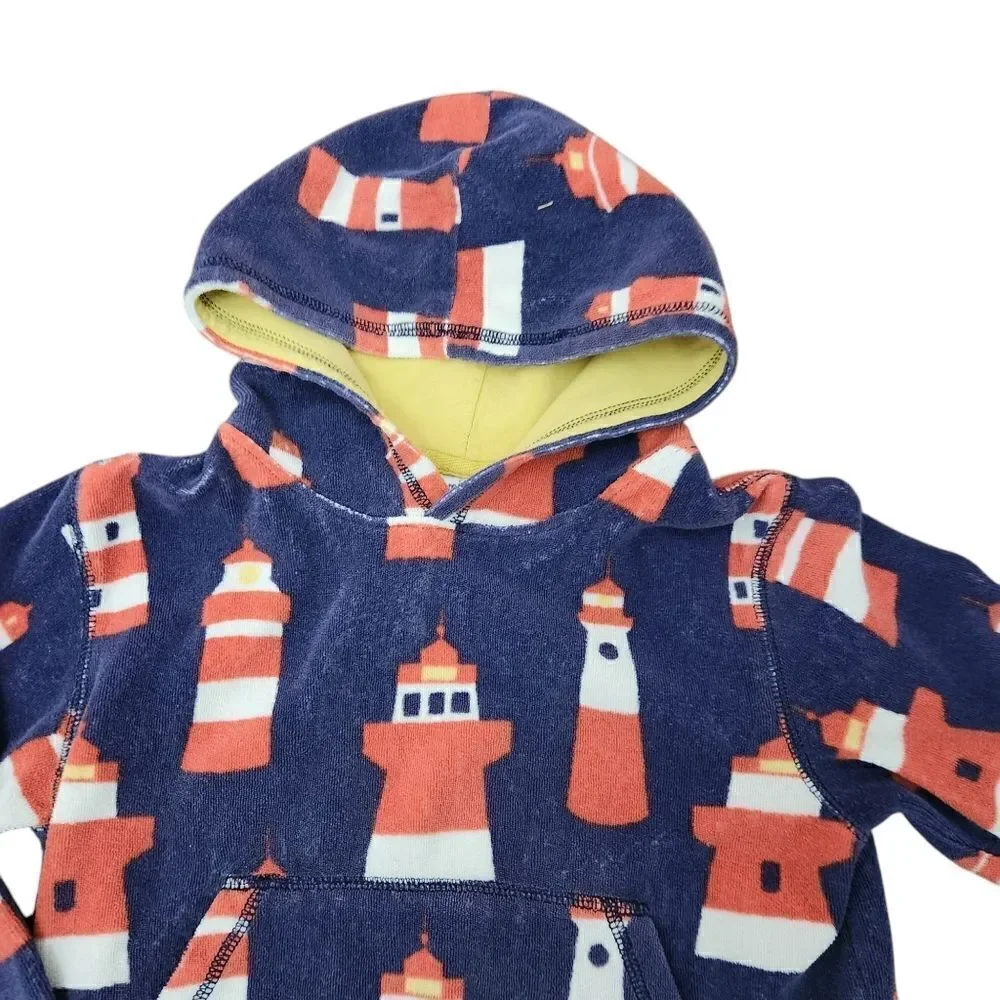 Mini Boden Kids Toweling Hooded Swim Coverup Terry Blue Lighthouse Print 9-10 Yr